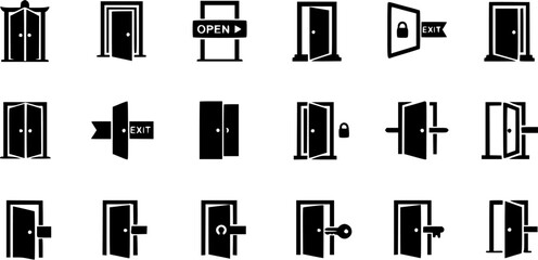 Door Icons Set - Black Silhouette Vector Illustrations