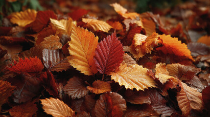 Obraz premium Autumn fallen leaves in warm brown, red, and golden tones, close-up texture view in forest floor, symbolizing seasonal change and natural beauty.