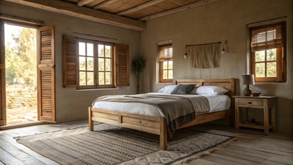 Cozy Rustic Bedroom with Natural Light and Wooden Furnishings