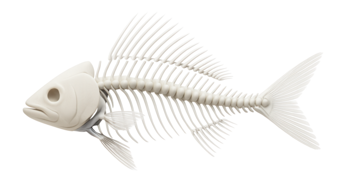Fish skeleton displaying a streamlined vertebral column and fin rays