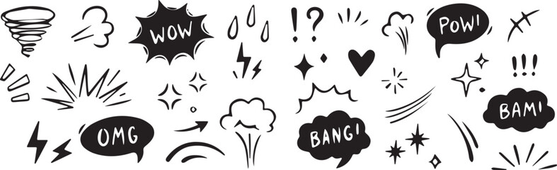 Comic boom cartoon effect line element set. Comic speech bubble pow, boom text, explosive splash smoke, wow cartoon vector icon. Hand drawn sketch doodle explosive element. Vector illustration © Md