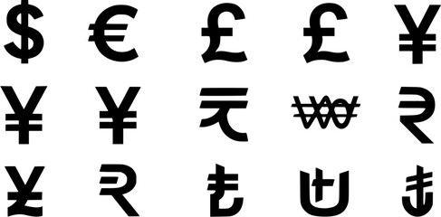 Collection of black currency symbols on white background