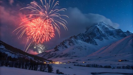 Fireworks Display Over Snowy Mountain Landscape at Night