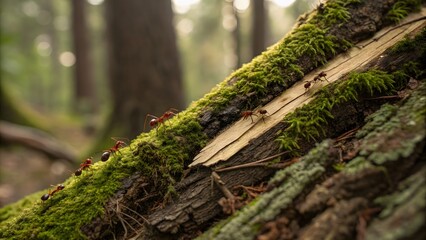 Ants Crawling on Mossy Log in Forest Setting with Soft Background