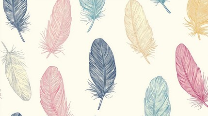 The stock photo shows a seamless pattern of soft pastel hand-drawn feathers.