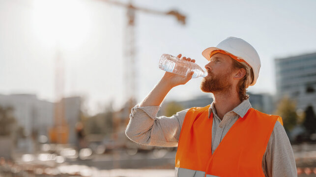 Construction worker in safety vest and helmet drinks water outdoors under hot sun, staying hydrated on building site with cranes and cityscape in background.