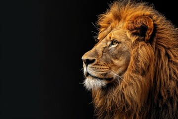 Obraz premium Profile of a majestic lion showing its strength and power, looking away on a dark background