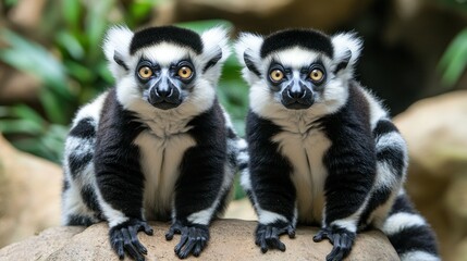 Two Ring-Tailed Lemurs Face Forward