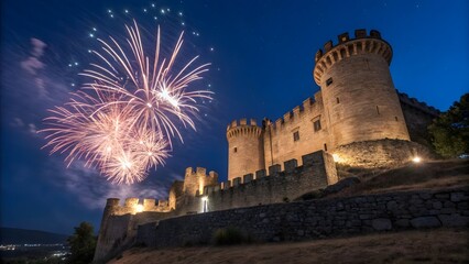 Majestic Castle with Fireworks Display Under Night Sky