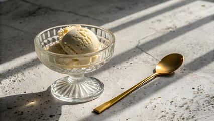 Elegant Dessert Scene with Ice Cream in Glass Dish and Spoon