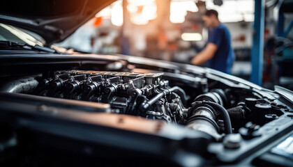 An open car hood reveals a detailed engine in an auto repair shop, highlighting mechanical craftsmanship and expertise.