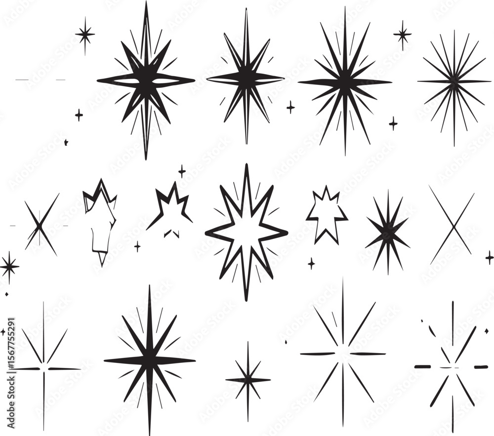 Poster collection of various starburst shapes and design elements in black and white on a light background