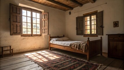 Cozy Bedroom with Vintage Wooden Bed and Natural Light Streaming In