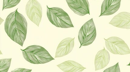 The stock photo shows a seamless, soft green pattern of hand-drawn leaves.