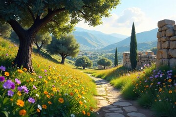 Obraz premium Vibrant Spring Landscape Sunlight Dapples Ancient Greek Ruins, Wildflowers Bloom Amidst Olive Groves