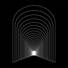 Arc shape lines. Optical illusion halftone pattern. Light at the end of the tunnel.