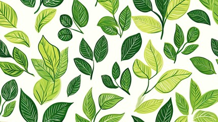 The stock photo shows a seamless, vibrant green pattern of hand-drawn leaves.