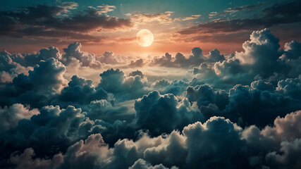 Majestic sunset over a sea of clouds illuminated by a vibrant full moon in the night skyAI-generated image. 
