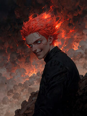Fiery-haired character stands against a dramatic backdrop of flames and clouds during a battle scene AI-generated image. 