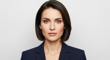 Confident young caucasian female in navy blazer with short brown hair