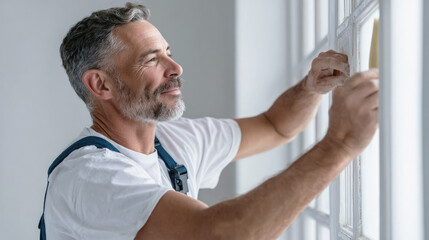 Obraz premium Mature handyman, window replacement specialist, dressed in overalls, dismantling old wooden frame before installing new window.