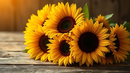 Sunflower bouquet on a rustic wooden surface, glowing with warm golden tones.