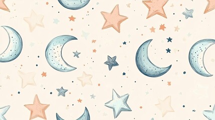 The stock photo shows a seamless pattern of hand-drawn stars and moons in a soft, muted color palette.