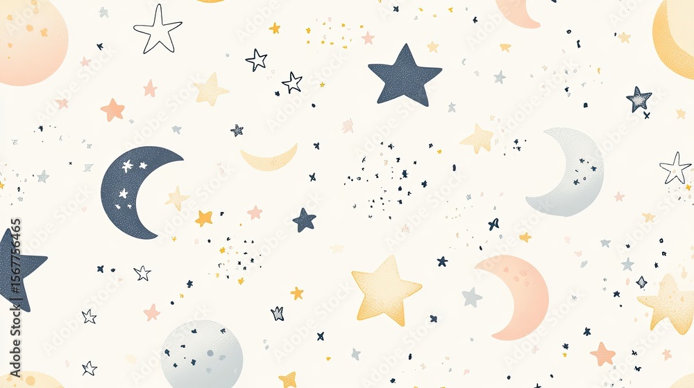 Poster a seamless pattern of hand-drawn stars and moons in a soft color palette is displayed.
