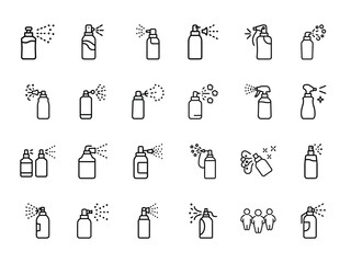 Bundle of Setting Spray Silhouettes in Line Style on White Background – Vector Icon Set for Skincare, Cosmetics, Cleaning Spray, Disinfectants, and Personal Care Products
