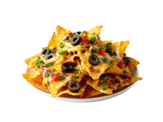 Golden corn chips loaded with melted cheese ground beef and toppings nachos, Isolated, Transparent Png