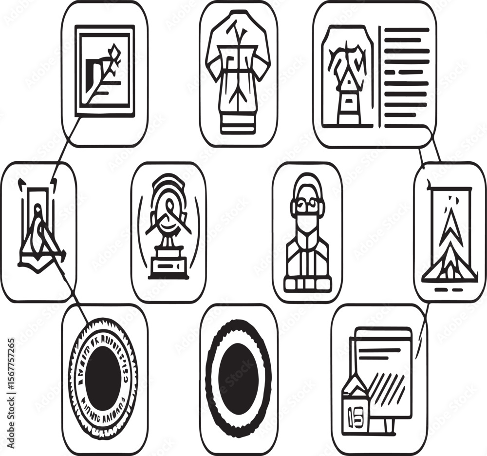 Poster illustration of various connected icons on a light background with a network diagram style layout