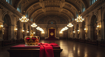 Majestic golden crown with red sash in grand palace hall, royal celebration concept