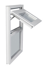 A white tilt and turn UPVC window is shown partly tilted open, revealing its clean lines and reflective glass against transparent background. 