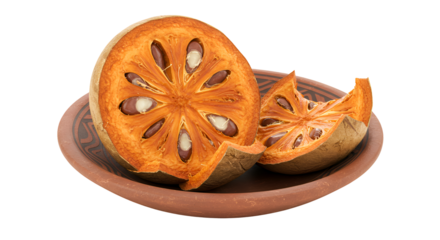 Bael fruit cracked open and served on a tribal pottery dish