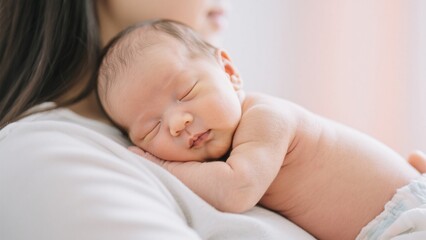A tender moment: A newborn baby peacefully sleeps on their mother's shoulder, showcasing the intimate bond and serene connection between mother and child in soft, natural light .