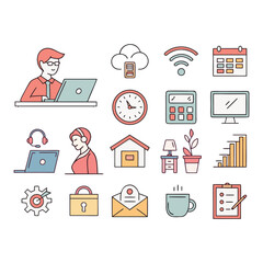 Soft Color Vector Icons for Modern Remote Work Tools and Essentials – Flat UI Design.

