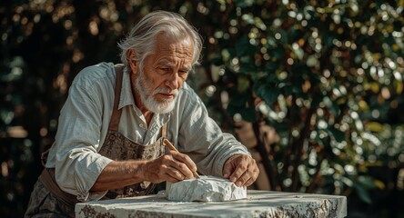 Older man with beard carefully chiseling a piece of white stone outdoors in a garden setting