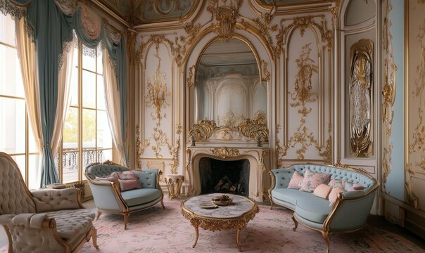 rococo interior, ornate gold details, pastel tones, curved furniture, decorative elegance, 18th century French palace - Powered by Adobe