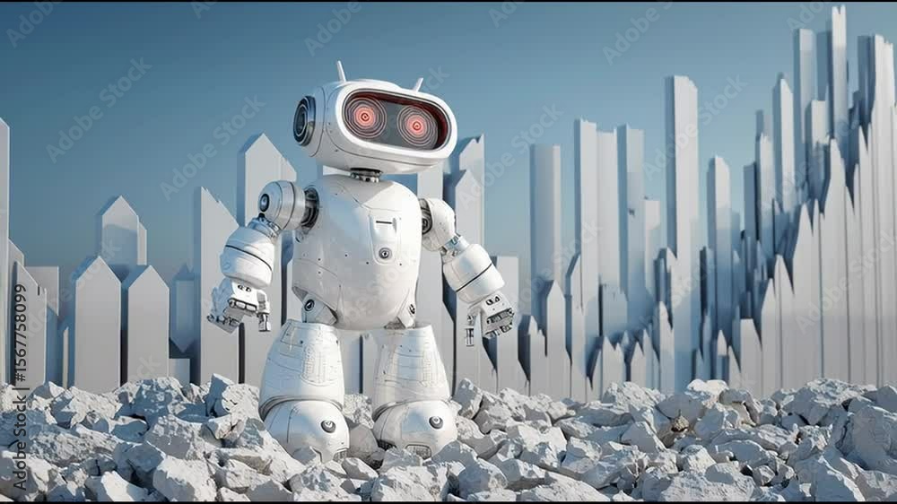 Poster robot positioned in a rocky environment simulating business continuity planning and risk management 
