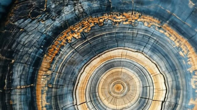 Close-up of a painted tree trunk highlighting growth rings and cracks, creating a striking visual contrast