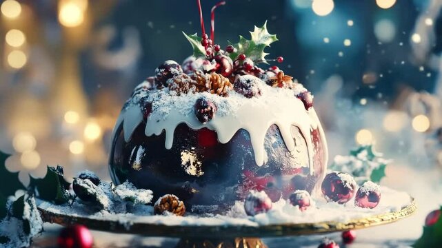 Christmas pudding with holly and berries, a traditional dessert served during the holiday season, depicted in a painting