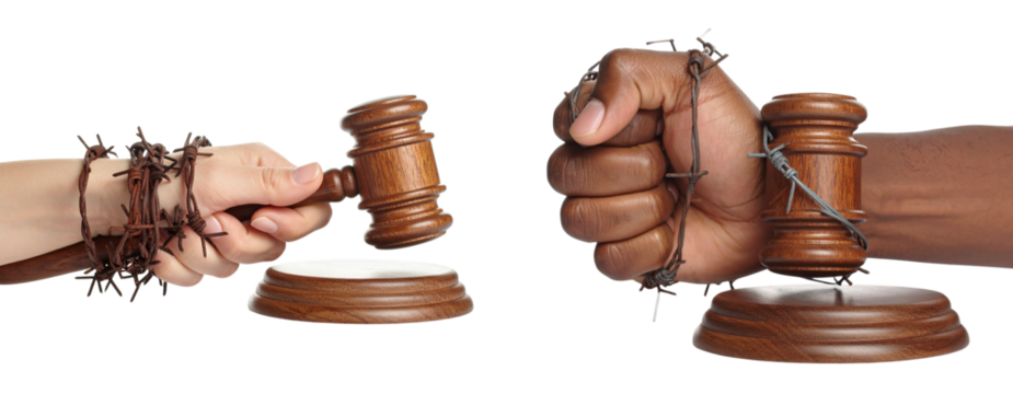 Strong Fist Entwined in Barbed Wire Clutching Judicial Gavel, Isolated on White Background