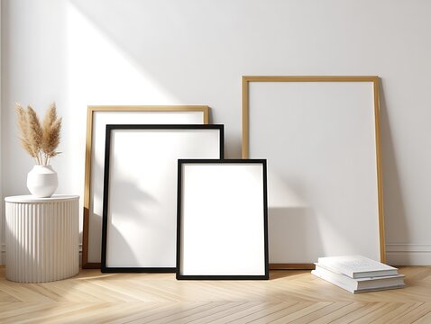 Modern Minimalist Mockup Three Blank Frames, Sunlit Interior Design