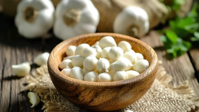 Peeled garlic cloves are served in a wooden bowl on a rustic table, next to whole garlic bulbs and fresh parsley