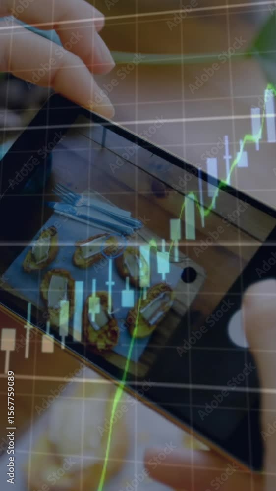 Poster animation of data processing over hands taking photo with smartphone