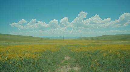 Vast field of wildflowers stretches to horizon under a vibrant blue sky