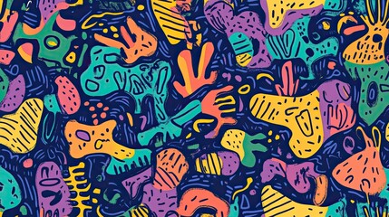 Obraz premium The stock photo shows a vibrant, seamless texture composed of abstract, hand-drawn shapes.