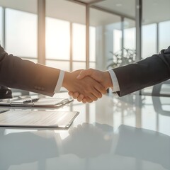 A realistic photo of two business professionals shaking hands in a bright modern office with large windows. Only the arms and hands are visible, with one holding a contract and a pen nearby. 