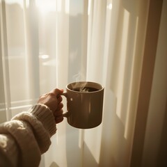A photorealistic image of a person holding a ceramic mug of coffee near a bright window in the early morning. The person is only partially visible from the shoulder down, wearing a cozy sweater. 