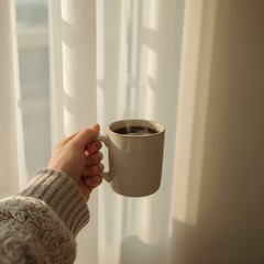 A photorealistic image of a person holding a ceramic mug of coffee near a bright window in the early morning. The person is only partially visible from the shoulder down, wearing a cozy sweater. 